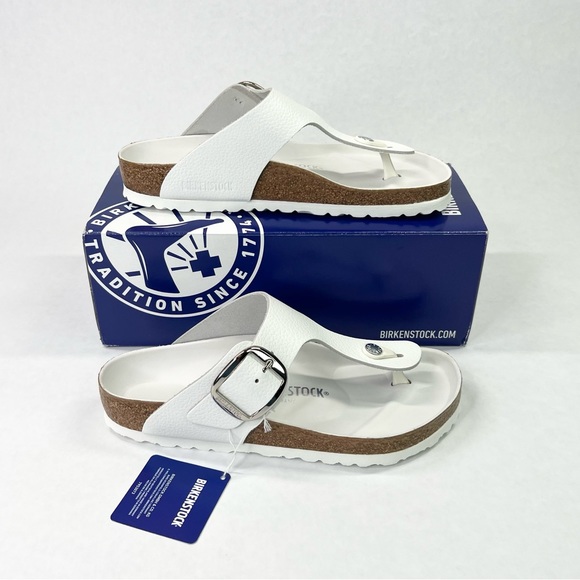**SOLD**    Birkenstock Big Buckle Gizeh White Leather 39 Regular Women 8 Men 6 - Picture 2 of 16